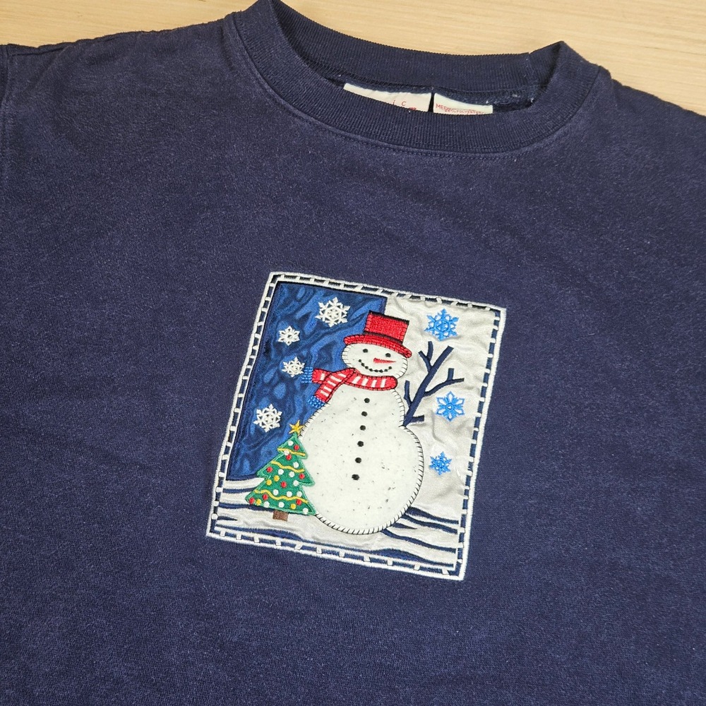 Vintage Holiday Sweatshirt Snowman Basic Editions Mens M Navy Blue Christmas